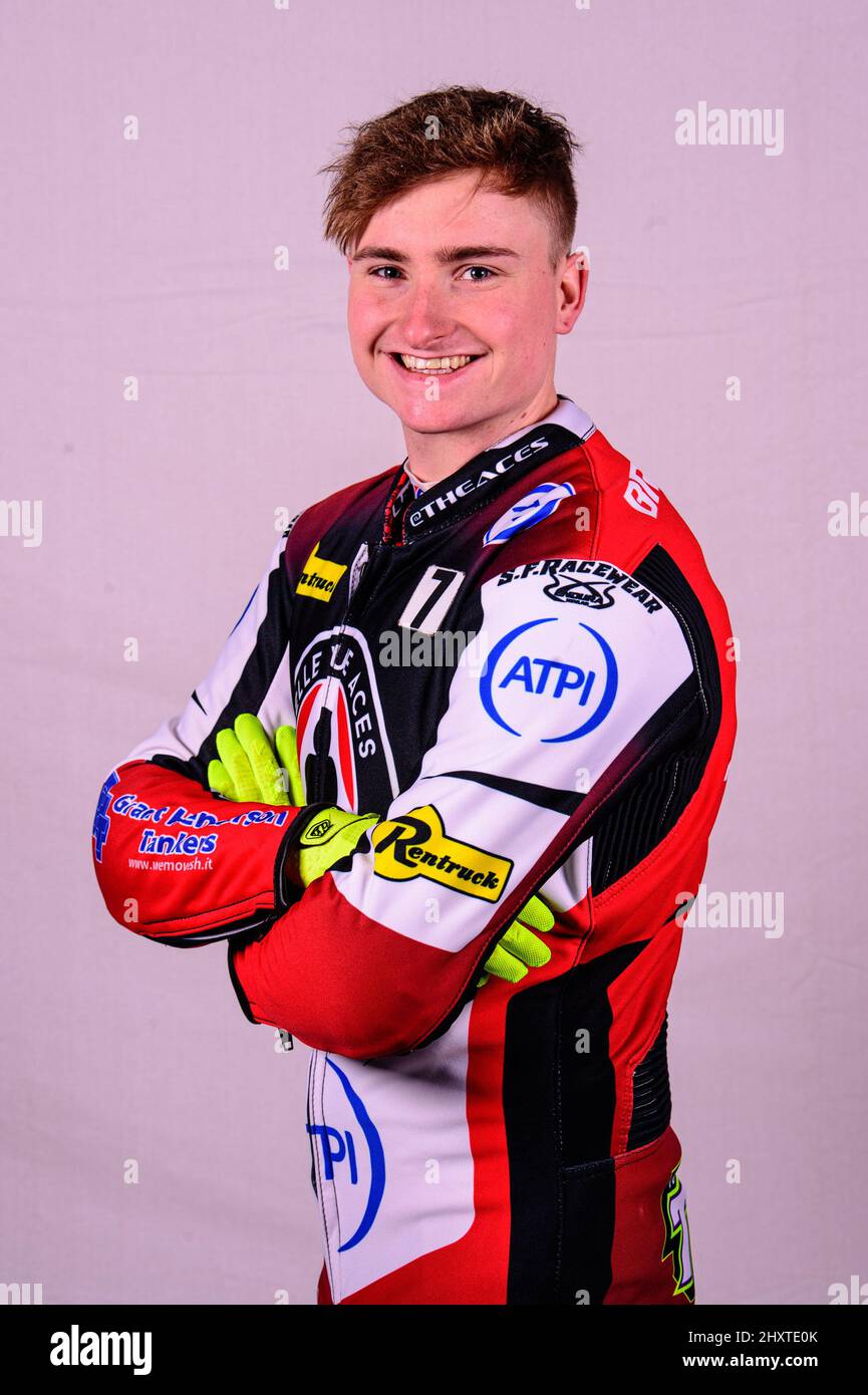 MANCHESTER, UK. MAR 14TH Tom Brennan - Belle Vue 'ATPI' Aces during the Belle Vue Speedway Media Day at the National Speedway Stadium, Manchester on Monday 14th March 2022. (Credit: Ian Charles | MI News) Stock Photo