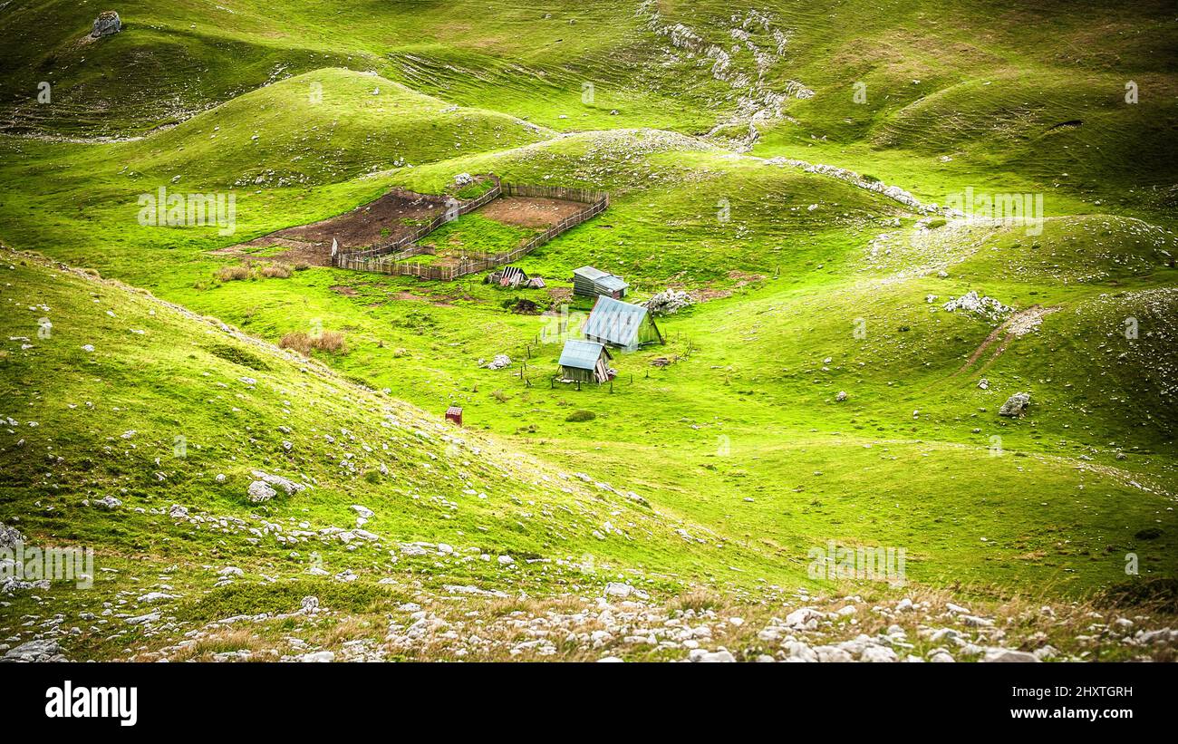 Traditional wooden shepherd cottage in the mountains with beautiful ...