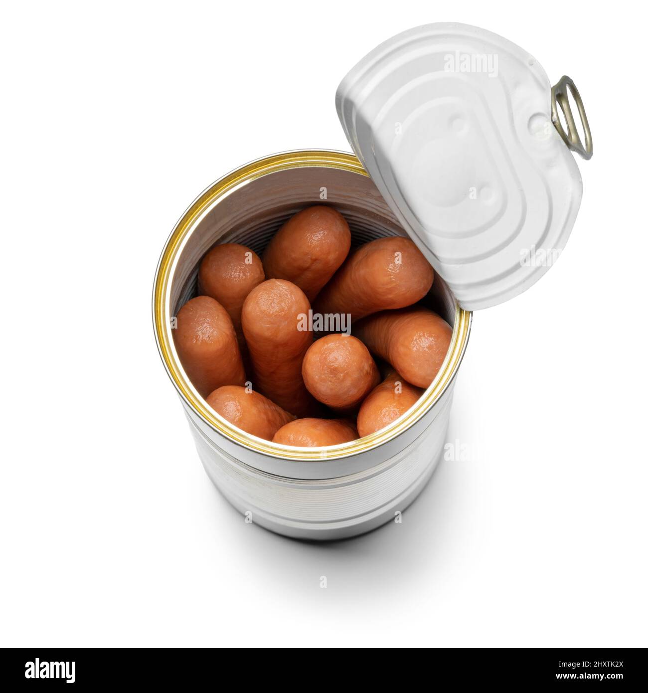 Open metal can with Frankfurter sausages close up for a snack isolated on white background Stock Photo