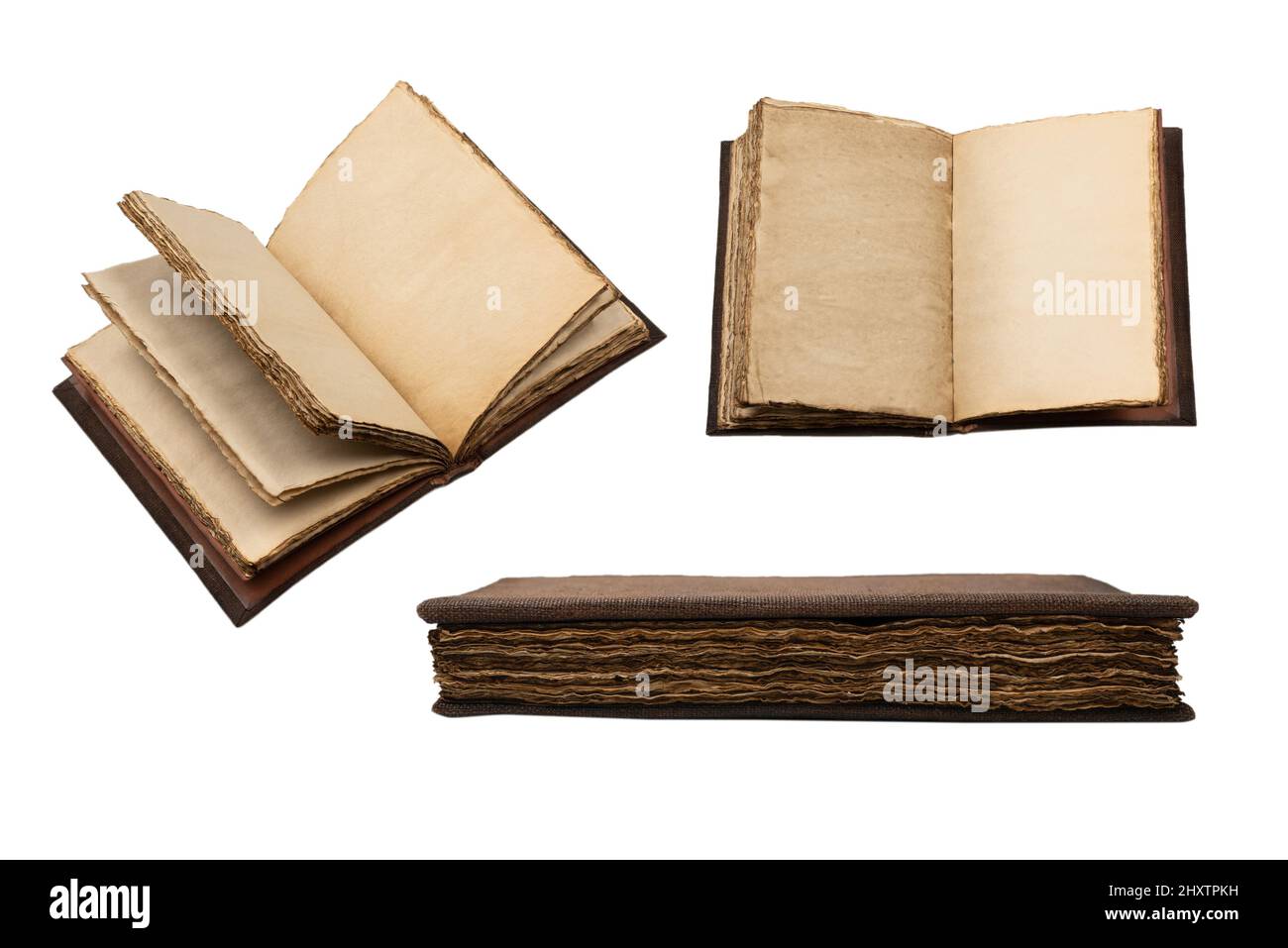 An open empty old notebook isolated on a white background. Copy space