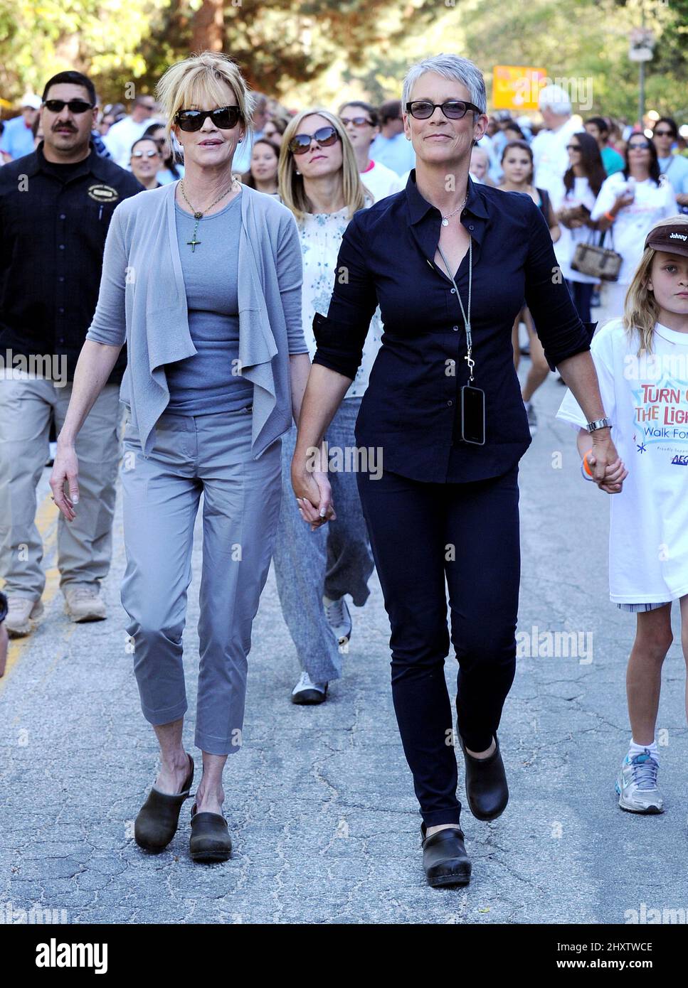 Melanie Griffith and Jamie Lee Curtis attending 'Turn On The Lights' 5K Walk in Support of Childrens Hospital held at Griffith Park in Los Angeles, USA. Stock Photo