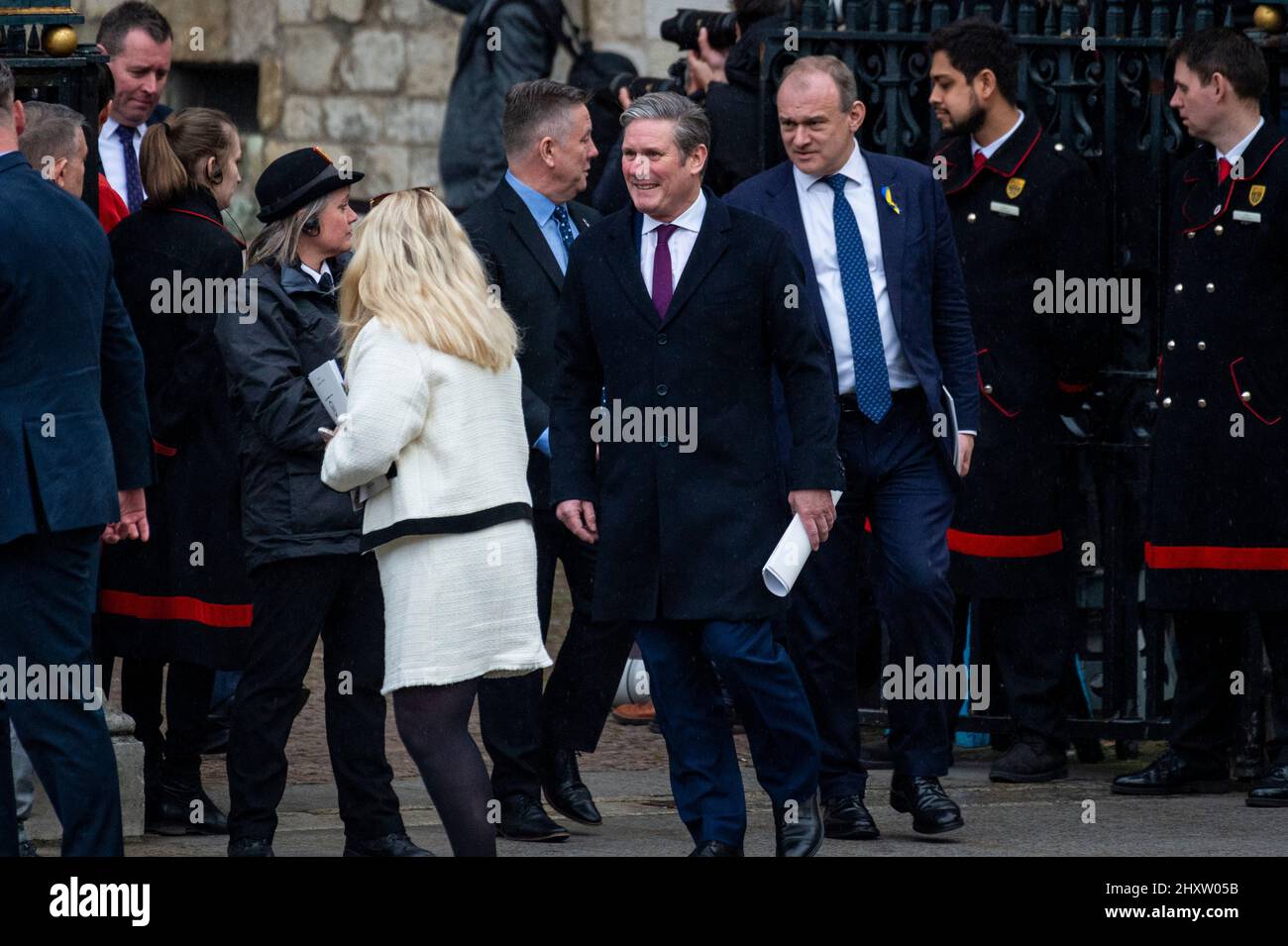London, UK.  14 March 2022. Keir Starmer, Leader of the Labour party, and Ed Davey, Leader of theLeader of the Liberal Democrats, leave The Commonwealth Service at Westminster Abbey which has been held since 1972 and celebrates the people and cultures of the 54 Commonwealth nations.  The Queen, who recently recovered from Covid-19, did not attend and the Prince of Wales represented her.  Credit: Stephen Chung / Alamy Live News Stock Photo