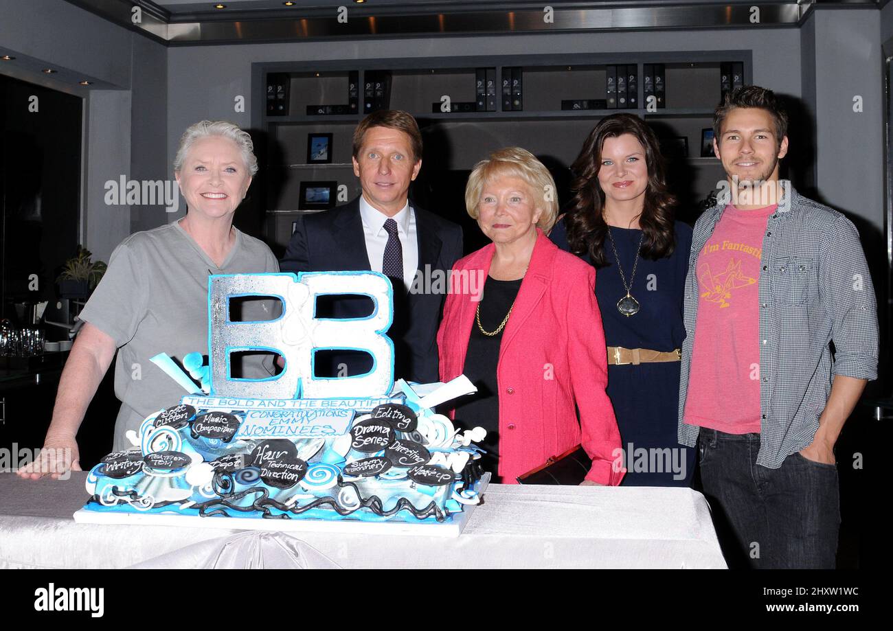 Susan Flannery, Brad Bell, Lee Phillip Bell, Heather Tom and Scott Clifton at the Bold and the Beautiful celebration for their Daytime Emmy nominations on stage 31 at CBS Television Studios, Burbank. Stock Photo