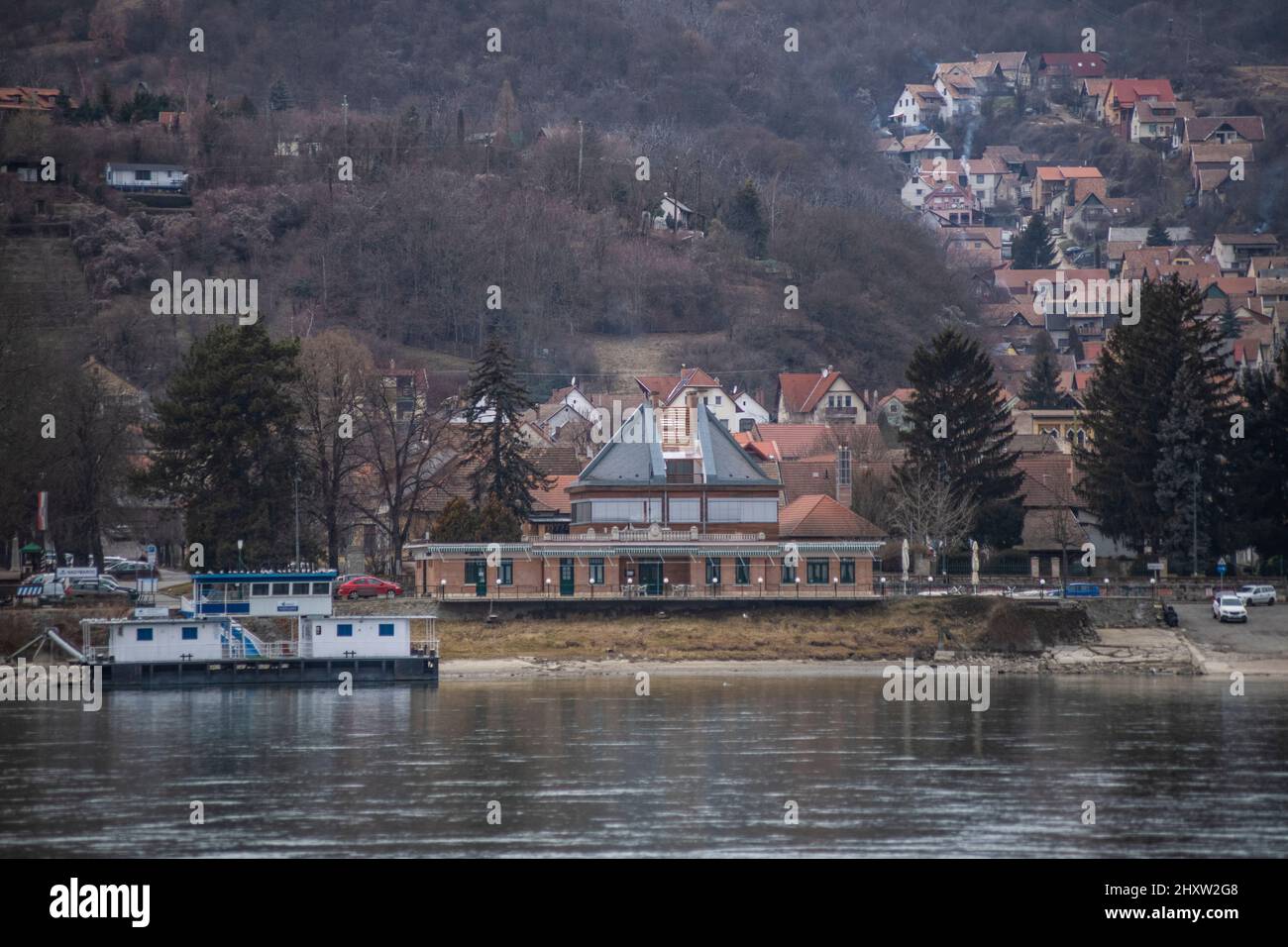 Nagymaros - Visegrad harbor and city skyline in the Danube river side, Hungary Stock Photo