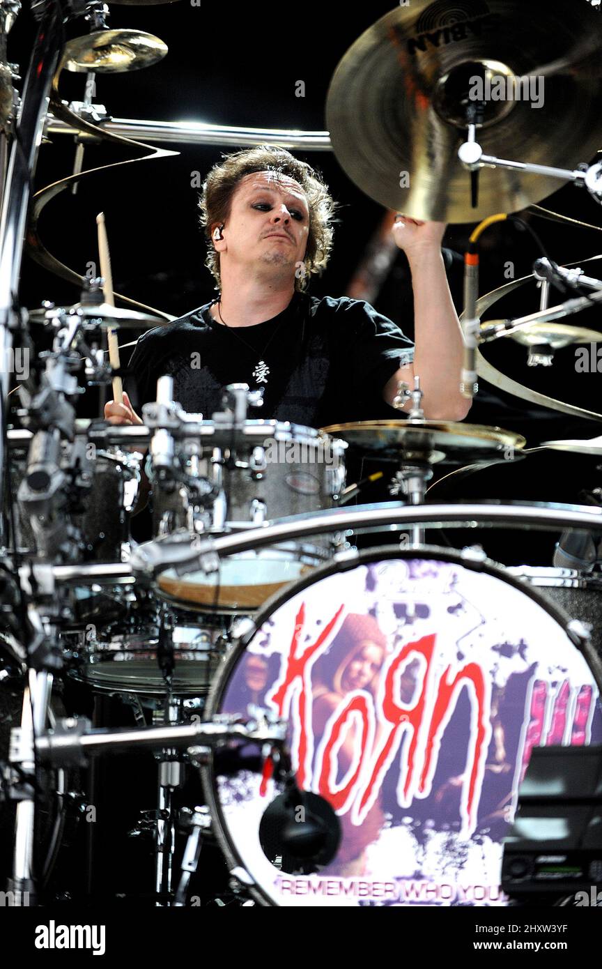 Drummer Ray Luzier of the band Korn performs at Rock on the Range Music Festival that took place at the Crew Stadium. Stock Photo