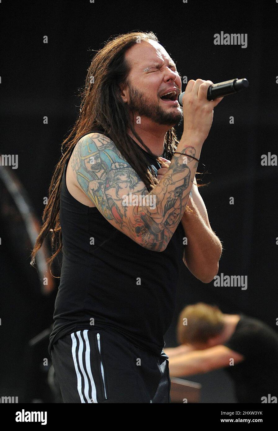 Singer Jonathan Davis of the band Korn performs at Rock on the Range Music Festival that took place at the Crew Stadium. Stock Photo
