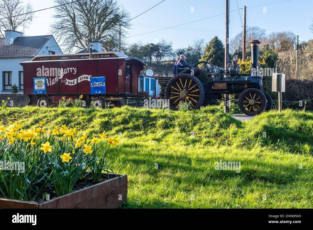 Connonagh, West Cork, Ireland. 14th Mar, 2022. Steam traction engines set out from Ballydehob today, heading for the St. Patrick's Day parade in Kinsale on Thursday in aid of the RNLI. The traction engines headed through Connonagh to their overnight stop in Rosscarbery. Credit: AG News/Alamy Live News Stock Photo