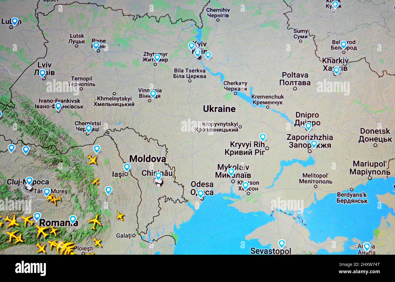 aerial traffic on Ukraine region on march 7, 2022, on Flightradar 24 Stock Photo