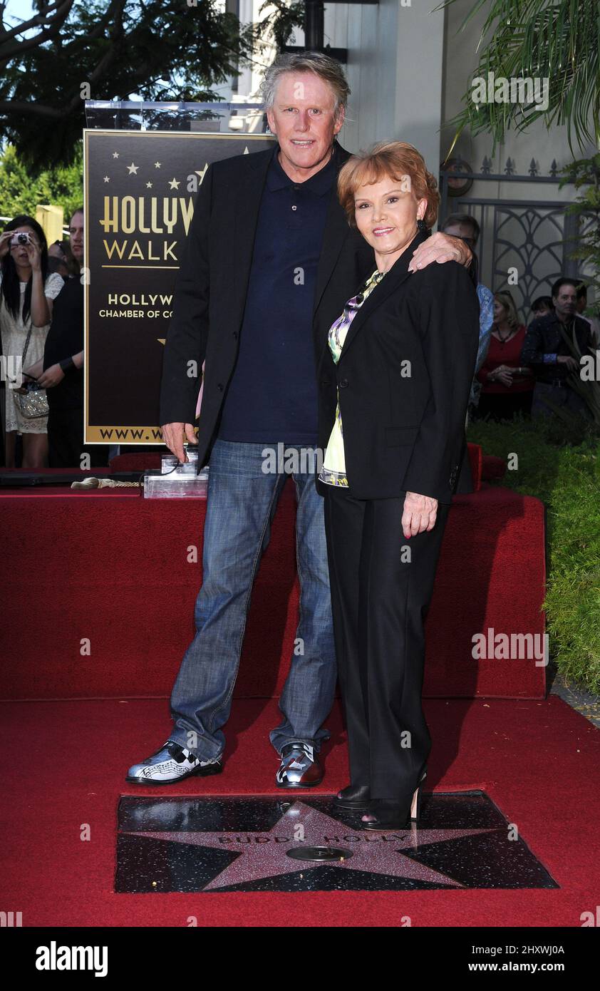 Gary Busey and Maria Elena Holly pose as Buddy Holly is honored on the Hollywood Walk of Fame in front of the Capital Records Building, Hollywood, California on September 07, 2011. Stock Photo