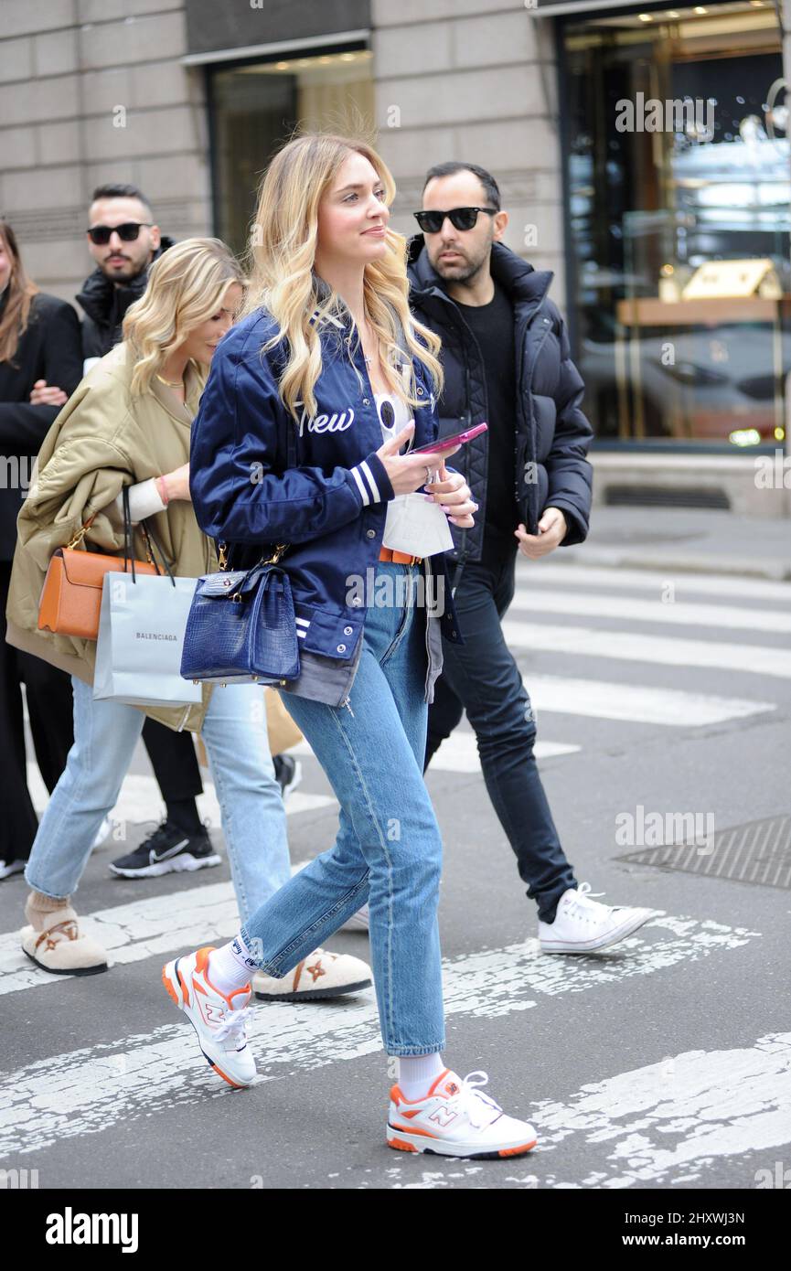Milan, . 14th Mar, 2022. Milan, 14-03-2022 Chiara Ferragni, returning from  the fashion week shows in Paris, allows herself an afternoon of shopping in  the center. In the company of some friends