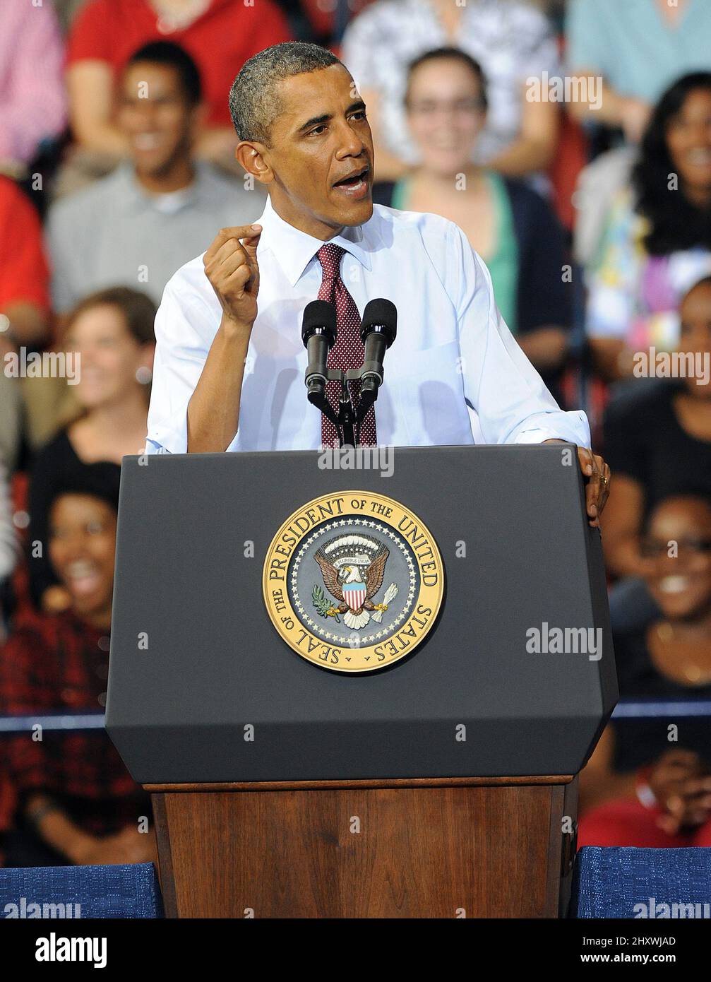 President Barack Obama discusses economy at the Robins Center on the campus of The University of Richmond in Richmond, Va. Stock Photo