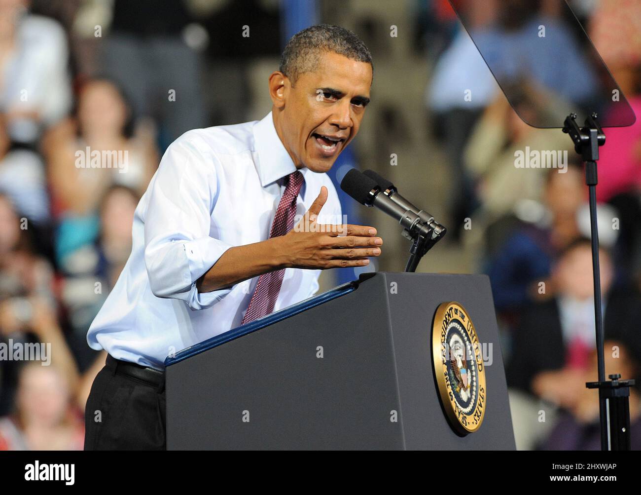 President Barack Obama discusses economy at the Robins Center on the campus of The University of Richmond in Richmond, Va. Stock Photo