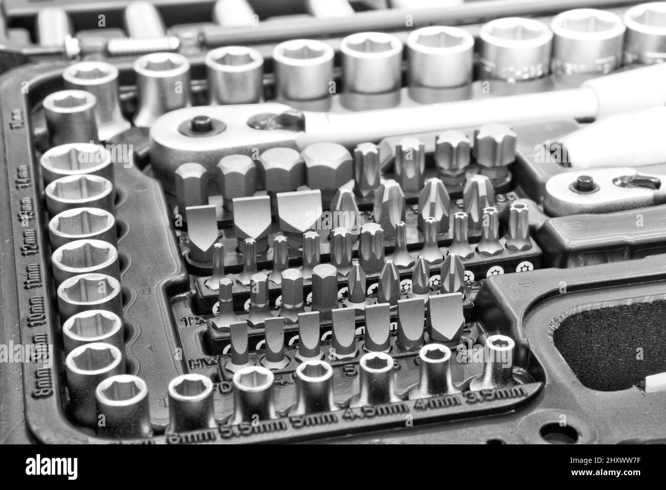 Close up of mechanical hand tool kit. Black and white image Stock Photo