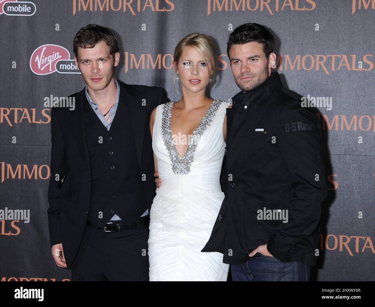 Joseph Morgan, Claire Holt and Daniel Gillies during The Immortals premiere held at the Nokia Theater L.A. Live, Los Angeles. Stock Photo