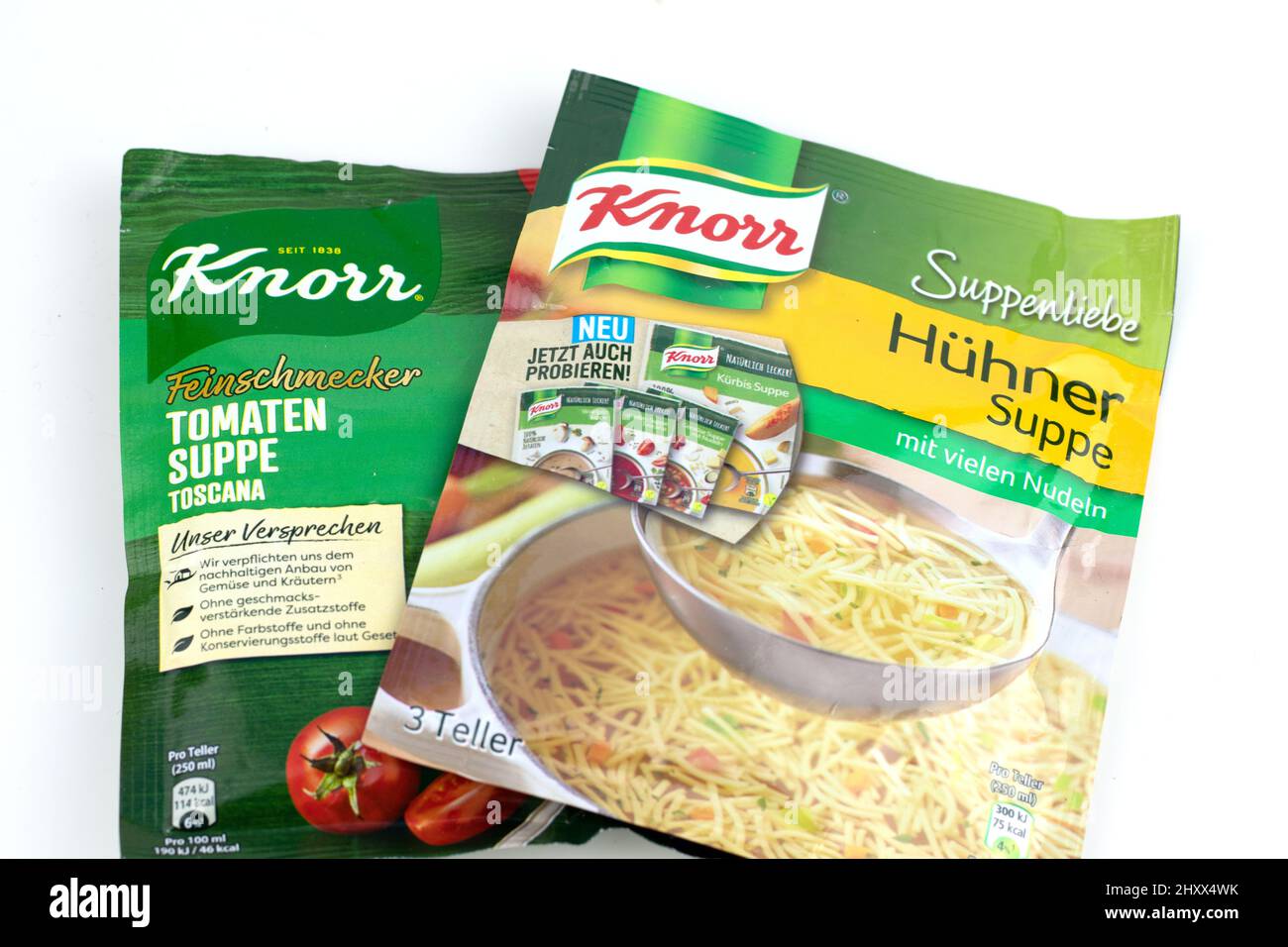 Closeup shot of packages of instant soup from Knorr, owned by Unilever