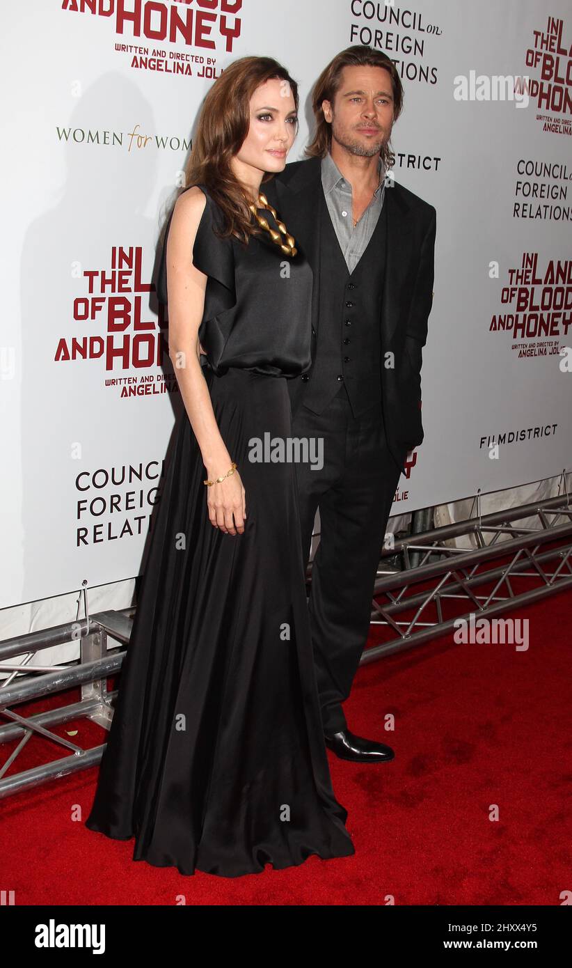 Angelina Jolie and Brad Pitt during the premiere of 'In the Land of Blood and Honey' at The School of Visual Arts Theater in New York City. Stock Photo
