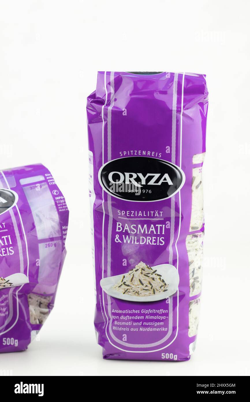 Closeup shot of a purple bag of Oryza basmati and wild rice isolated on ...