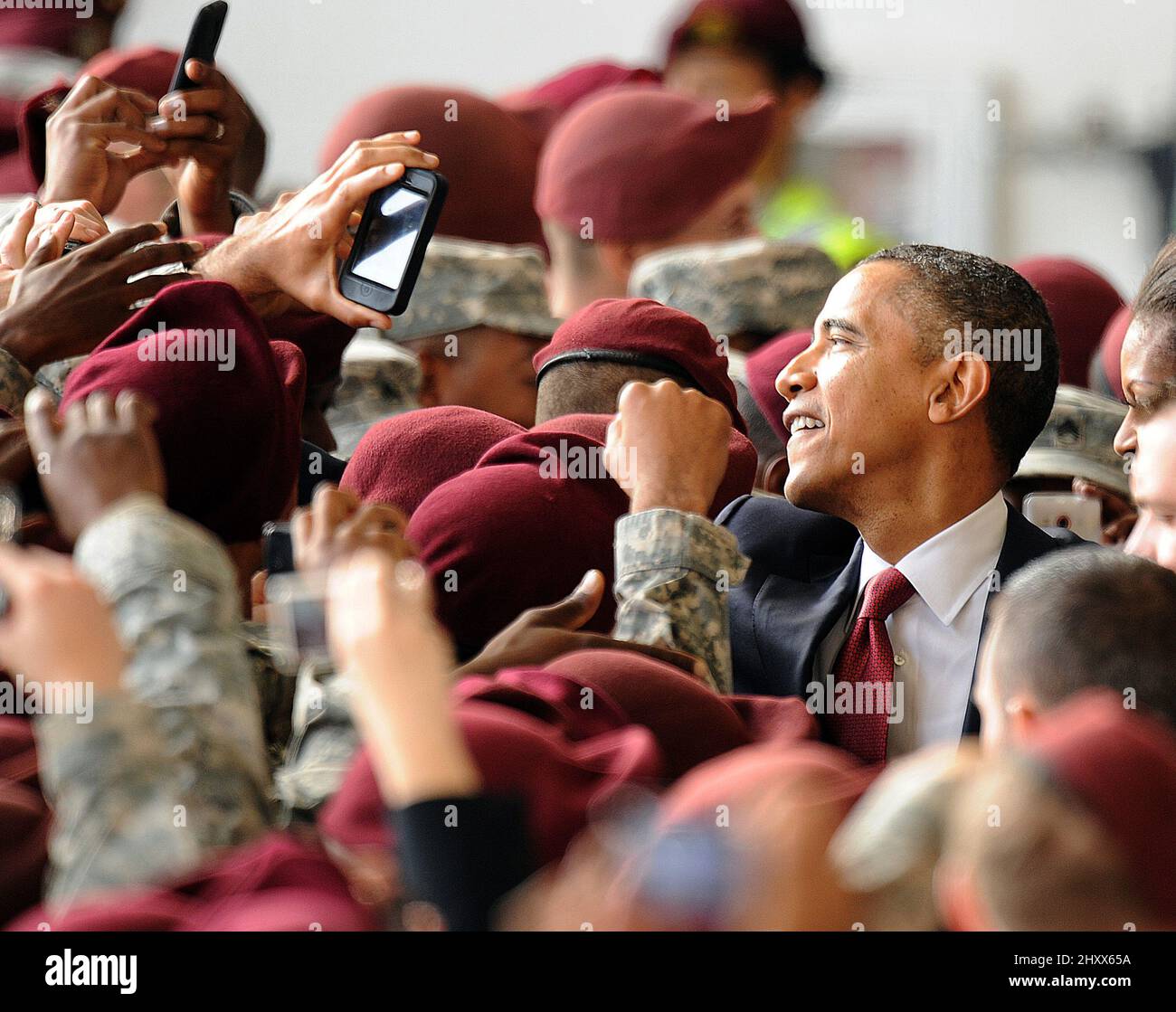 President Barack Obama addressed soldiers Wednesday, December 14, 2011, at Fort Bragg in North Carolina, USA. The president and first lady Michelle Obama thanked the troops for their service in Iraq, marking the fulfillment of a campaign promise to bring home all U.S. forces following a nearly nine-year conflict. Stock Photo