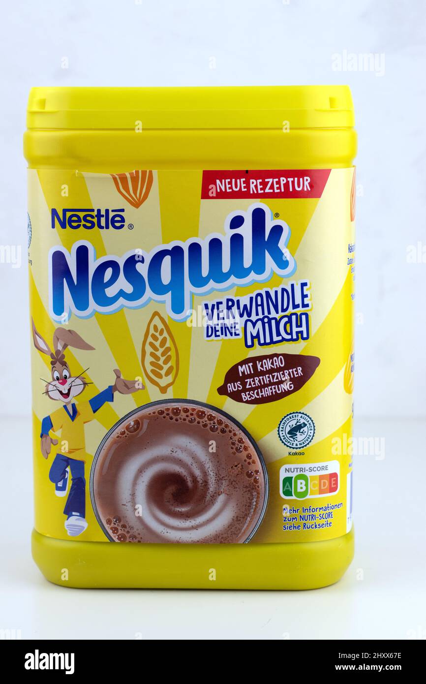 Closeup of a box of NESQUIK Chocolate Powder. Nesquik is a brand of