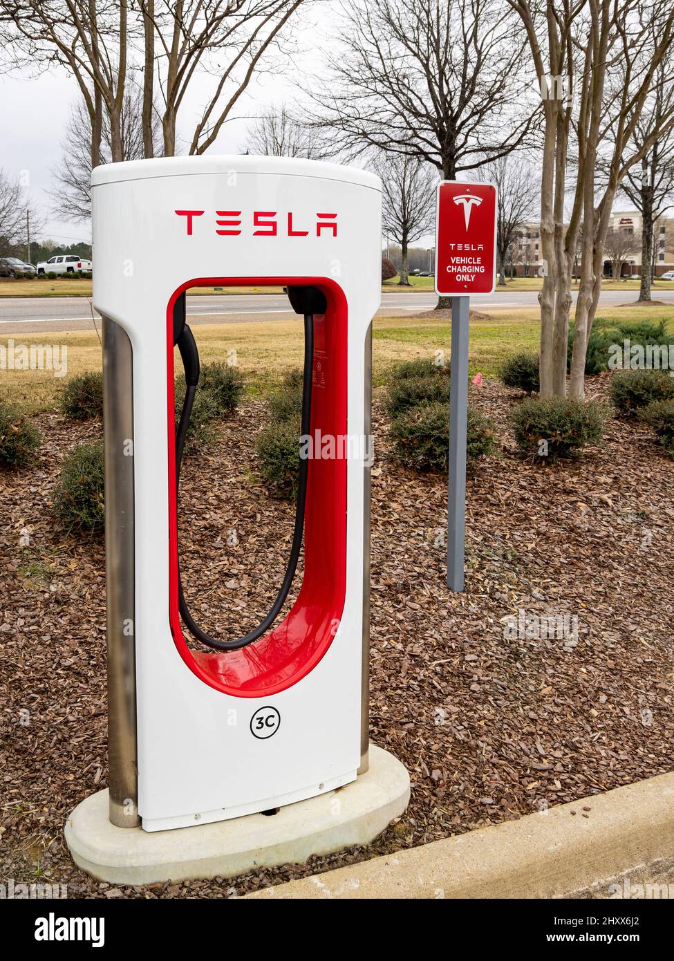 Tesla electric vehicle charging station, in a Target store parking lot, in Montgomery, Alabama USA. Stock Photo
