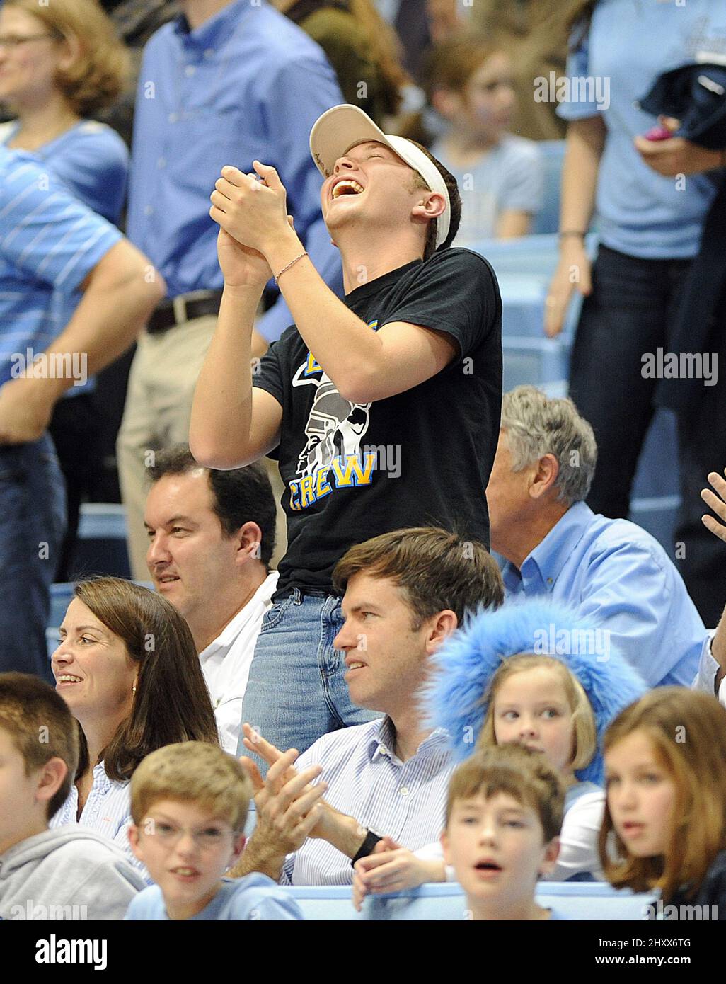 Scotty McCreery cheers on the University of North Carolina Tarheels defeat the Monmouth Hawks Mens College Basketball that took place at the Dean Smith Center with a final score of 102-65 in Chapel Hill in North Carolina, USA. Stock Photo