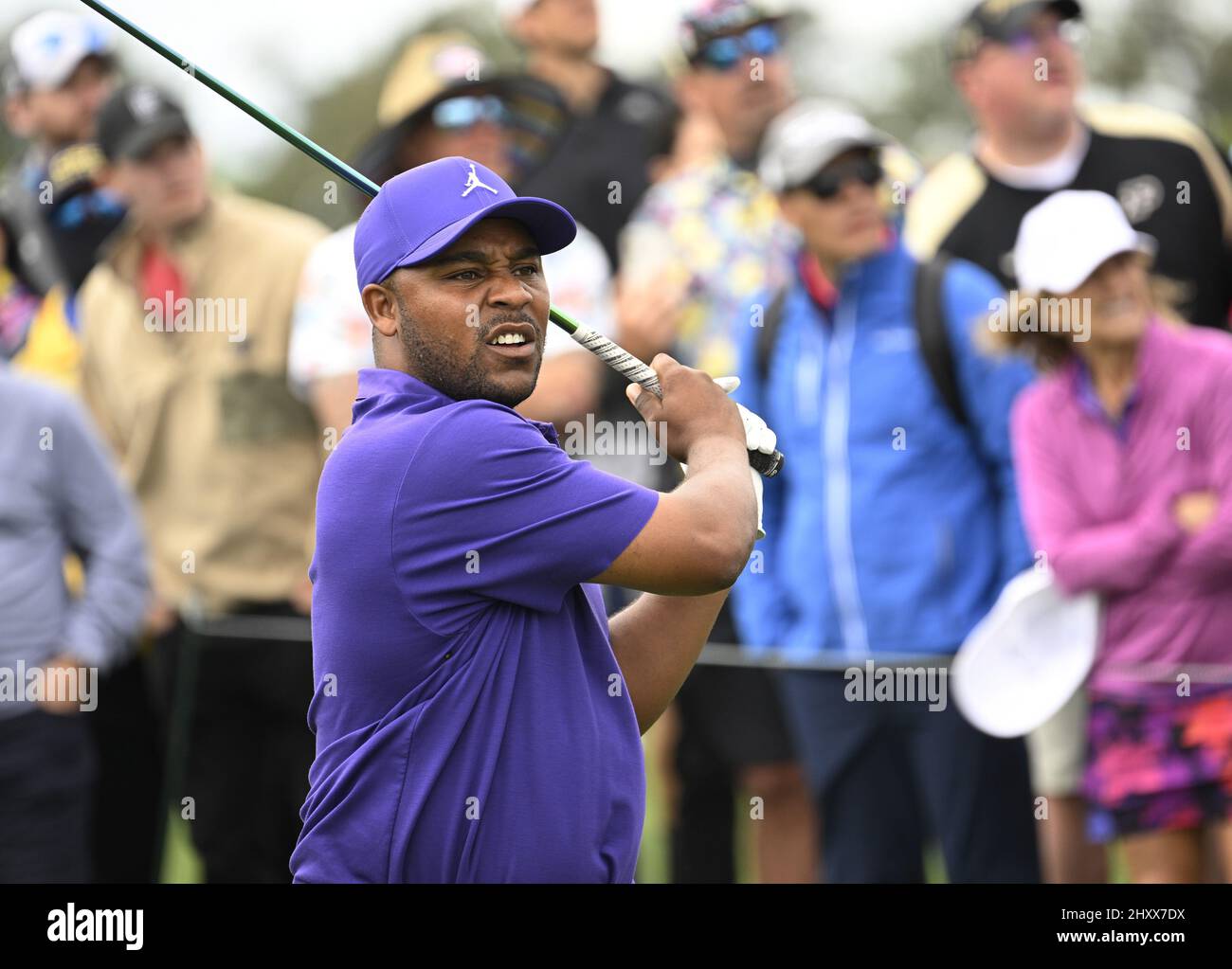 Ponte Vedra Beach, United States. 14th Mar, 2022. Harold Varner III of the United States tees off on the 1st hole in the final round of the 2022 Players PGA Championship on the Stadium Course at TPC Sawgrass in Ponte Vedra Beach, Florida on Monday, March 14, 2022. The golf tournament has been extended one day due to weather delays. Photo by Joe Marino/UPI Credit: UPI/Alamy Live News Stock Photo