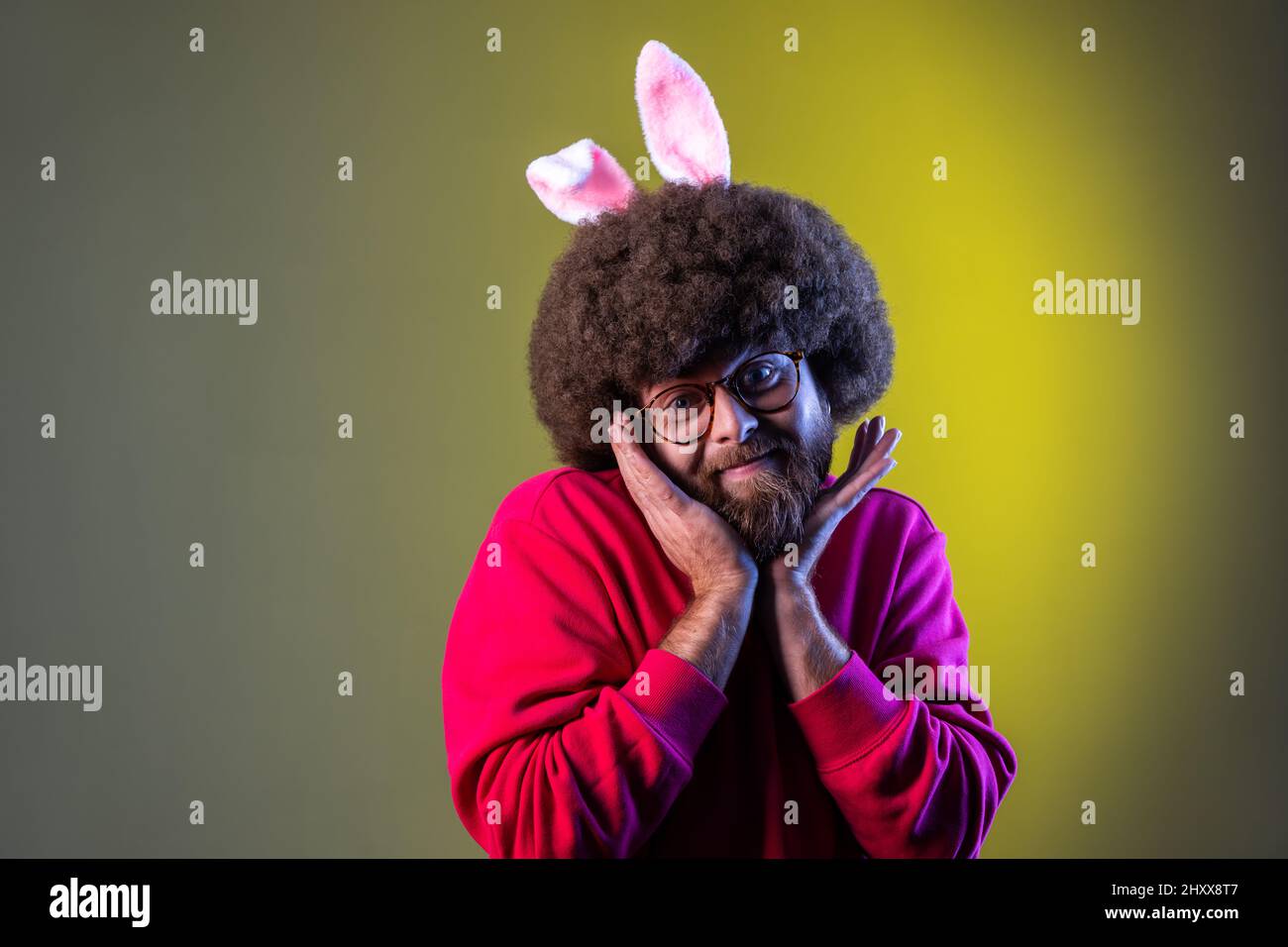 Portrait of cute charming hipster man with Afro hairstyle and bunny ears, looking at camera with smile, wearing red sweatshirt. Indoor studio shot isolated on colorful neon light background. Stock Photo