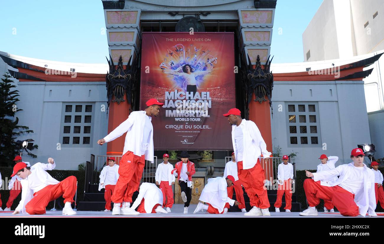 Debbie Allen Dance Academy Dancers performs as the Michael Jackson estate celebrates 'The King of Pop' with a hand & footprint ceremony at Grauman's Chinese Theatre in Los Angeles, USA. Stock Photo
