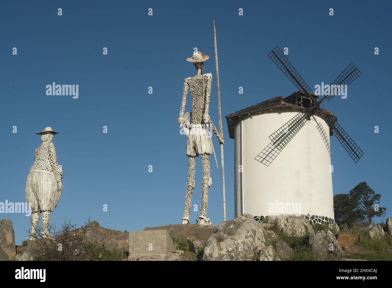 The Don Quixote statues in front of a windmill in Tandil, Buenos Aires