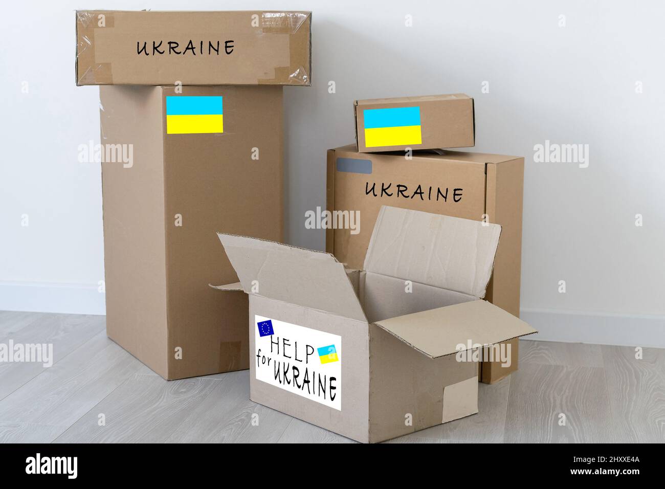 Box with donation clothes for ukrainian refugees suffering from war
