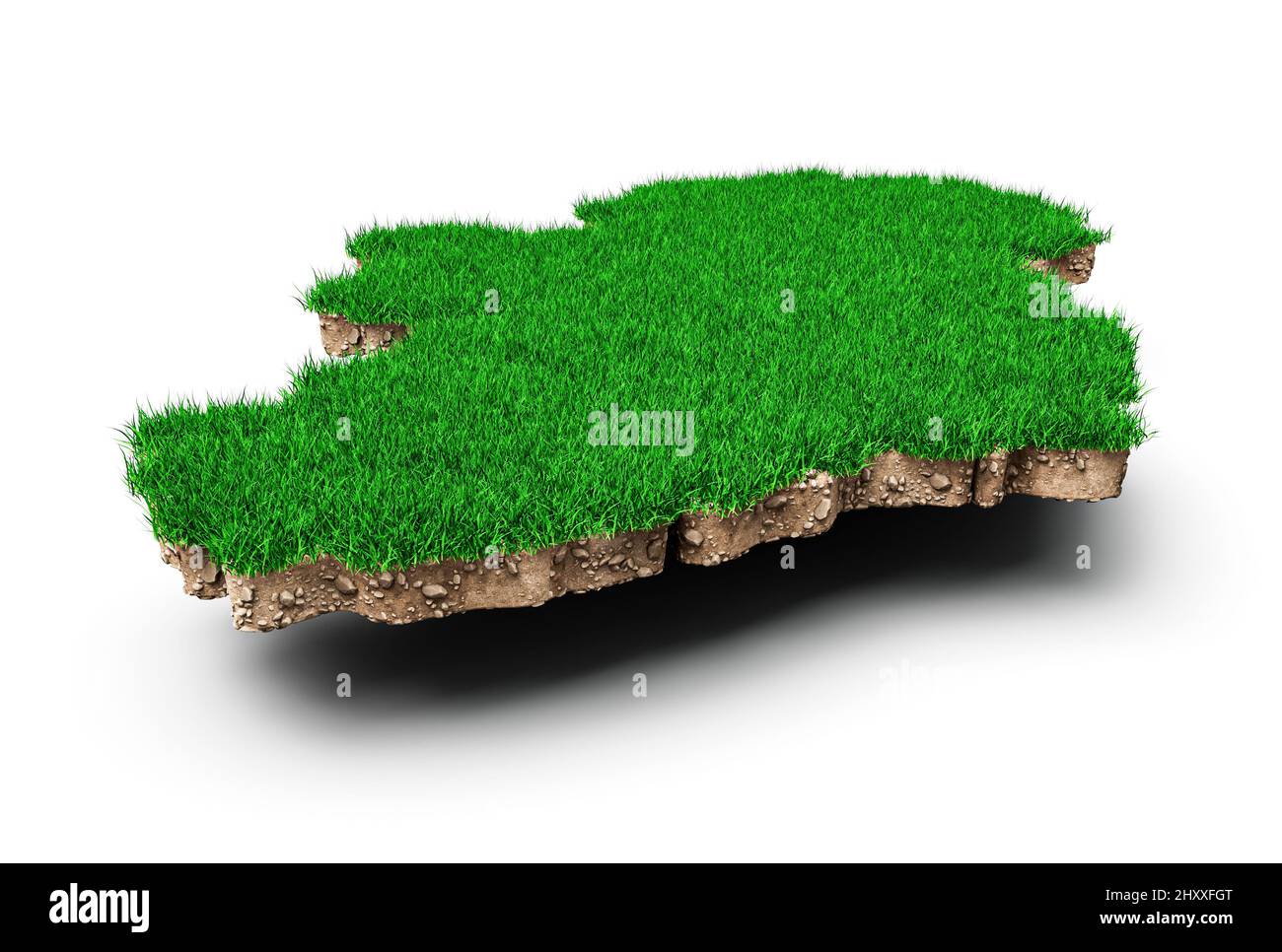 3D illustration of Ireland's map soil land geology cross section with green grass Stock Photo