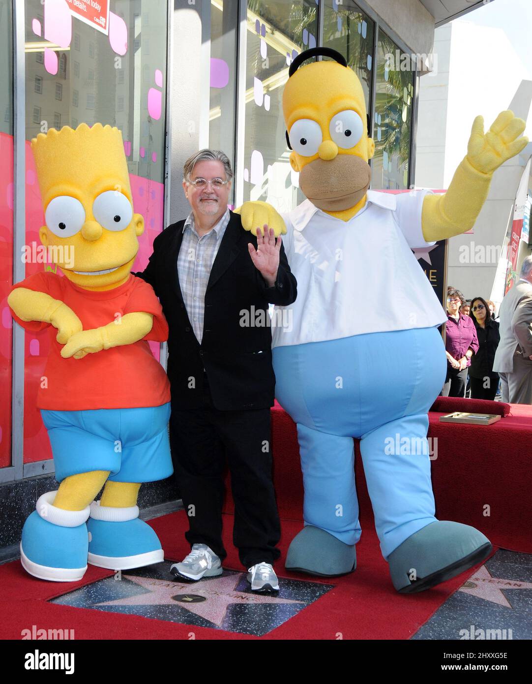 Matt Groening, Bart Simpson and Homer Simpson attending Matt Groening's star ceremony in Hollywood in Los Angeles, USA. Stock Photo