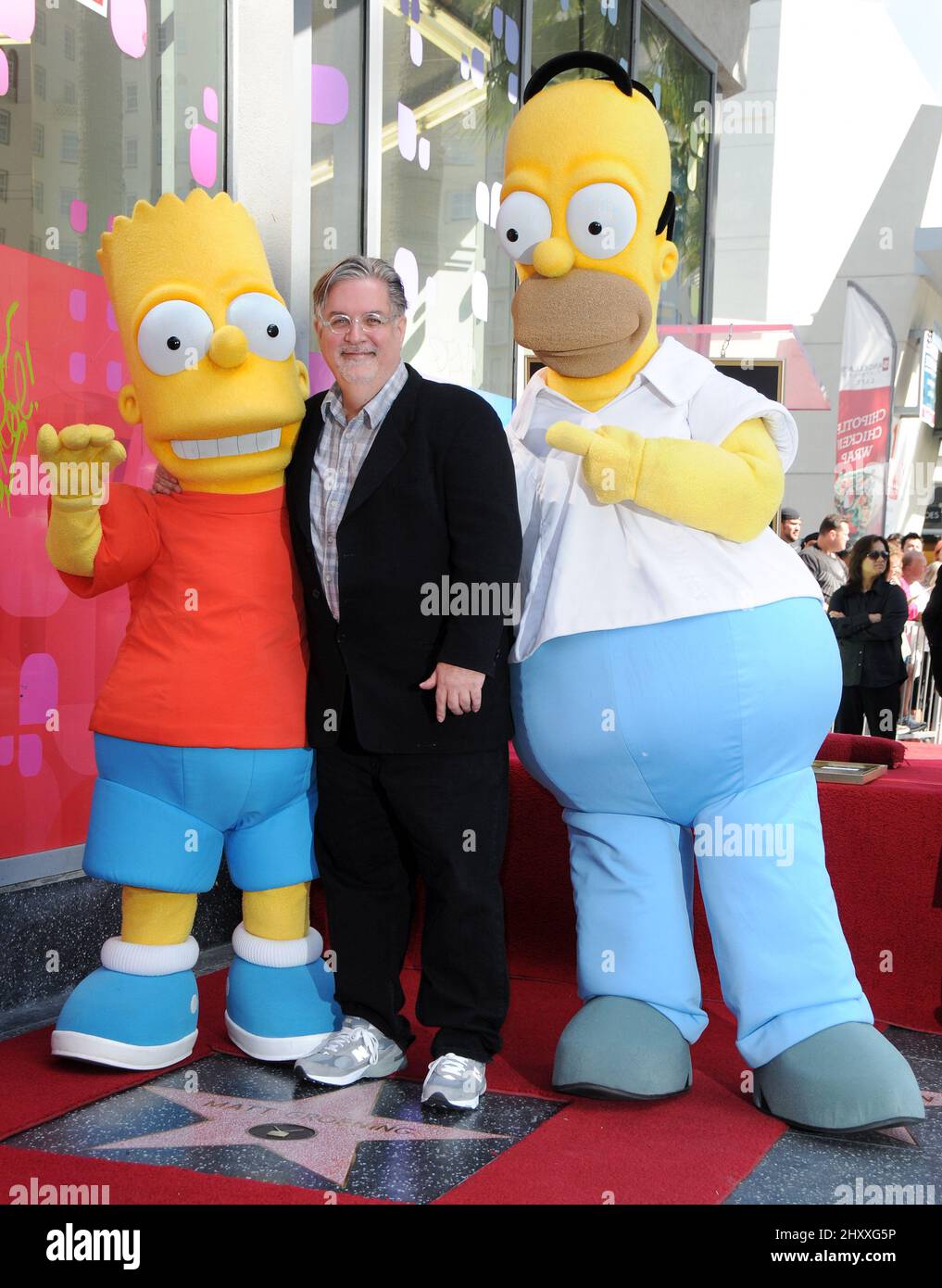 Matt Groening, Bart Simpson and Homer Simpson attending Matt Groening's star ceremony in Hollywood in Los Angeles, USA. Stock Photo
