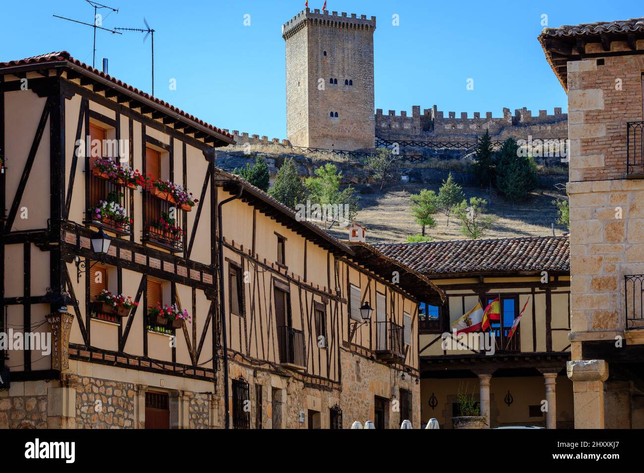 Castle and typical houses in the town of Pena Aranda de Duero. Burgos. Spain. Stock Photo