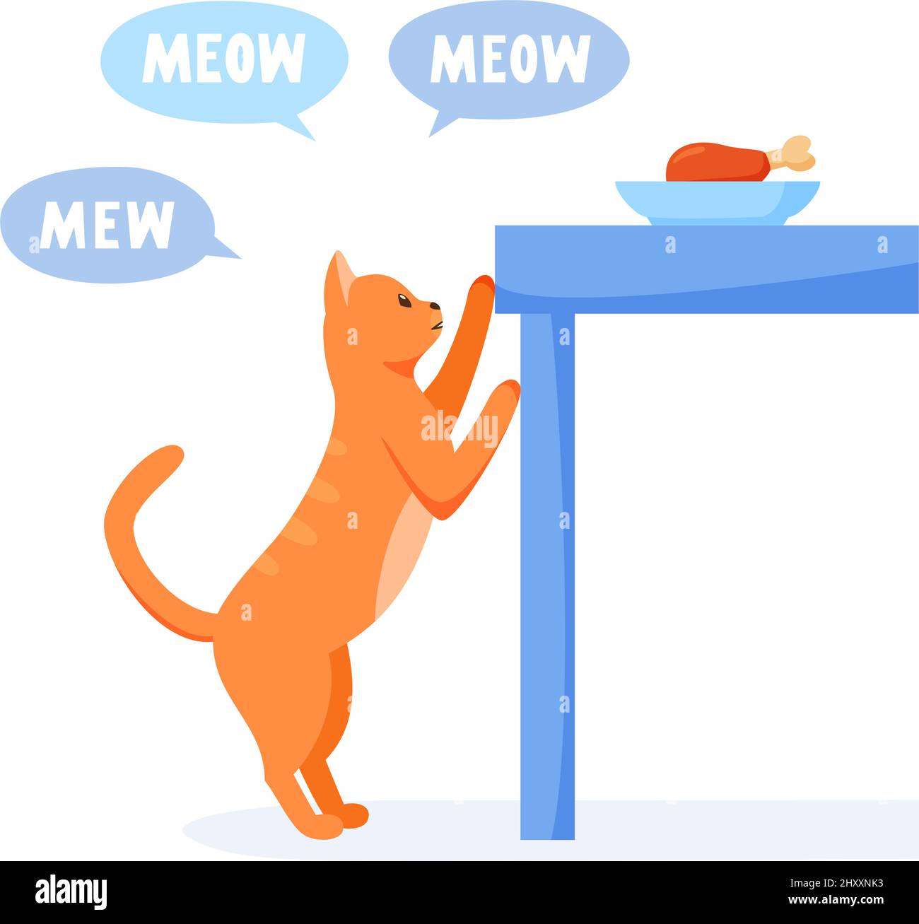 Cat asks for food from table and meows a lot. Pet bags for food. Cat steals from dinner table. Flat style vector  Stock Vector