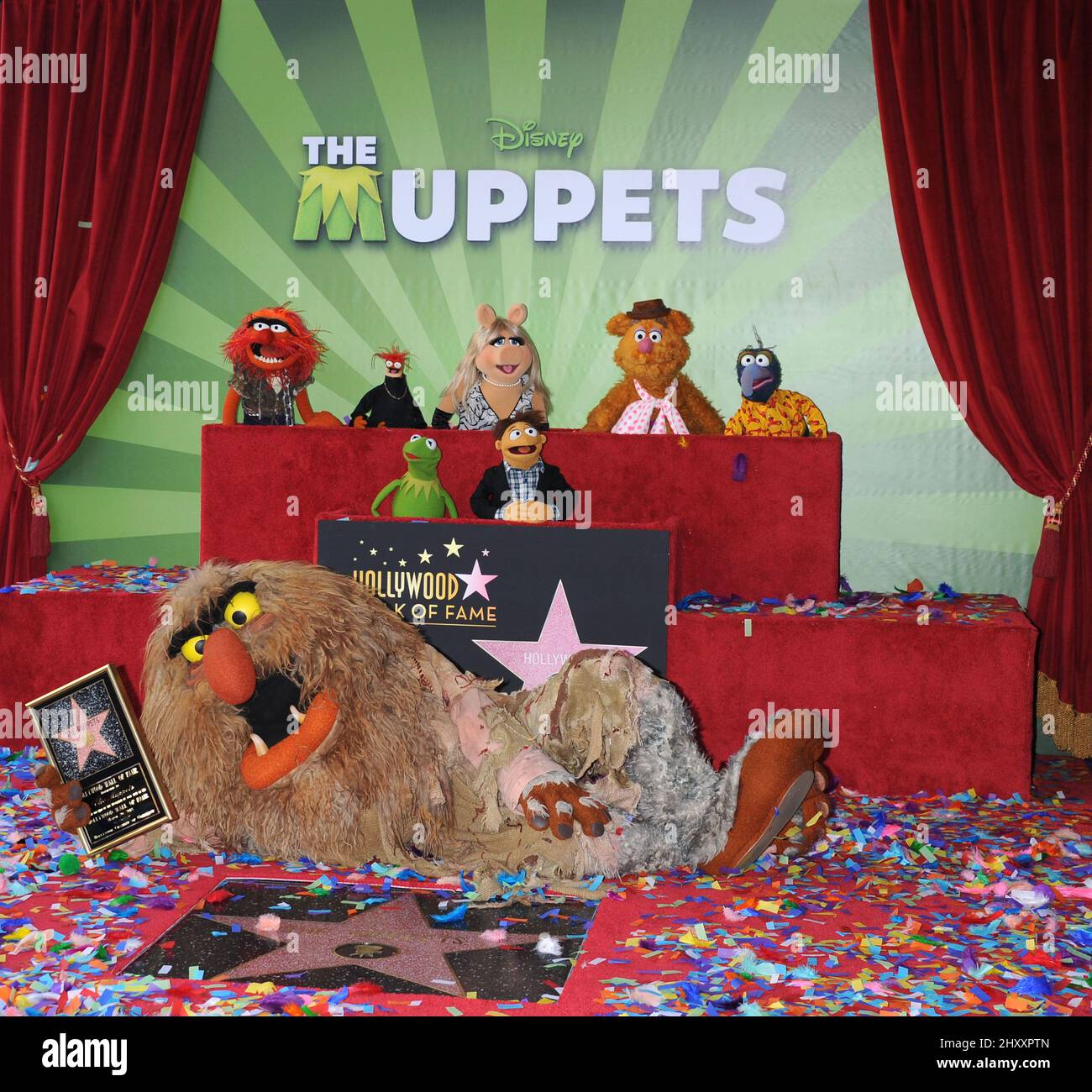 The Muppets, Animal, Pepe, Miss Piggy, Fozzie, Gonzo, Kermit, Walter and Sweetums at The Muppets Hollywood Walk of Fame Star Ceremony in Los Angeles Stock Photo