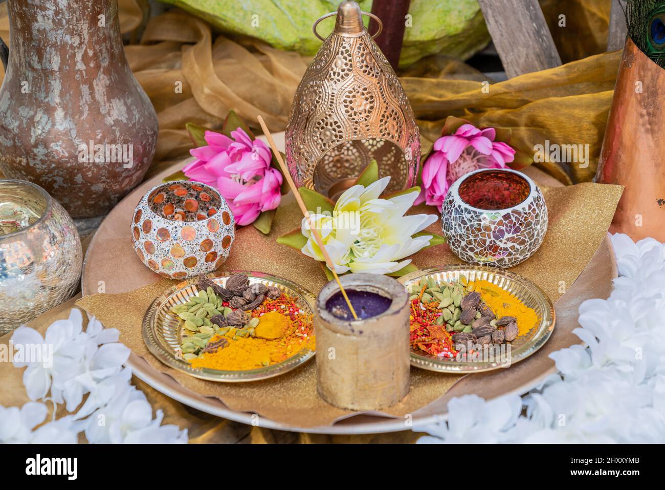 Plate with pooja materials for Hindu rituals Stock Photo - Alamy