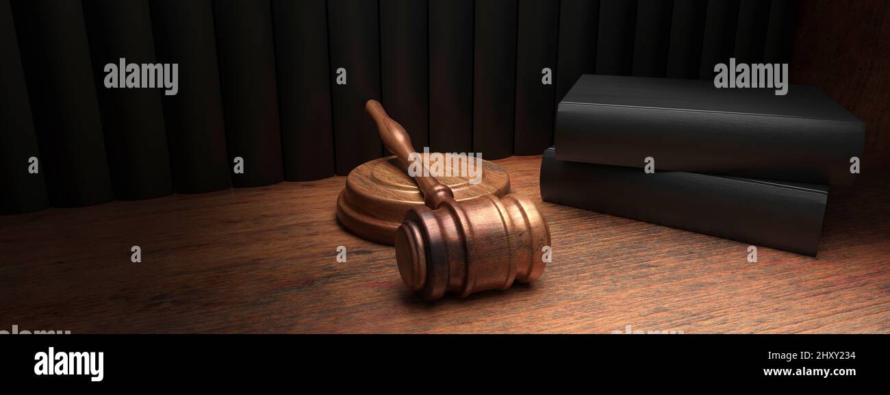 Law, lawyer office, legal books and judge gavel on wooden desk. Court table close up view, Law school, legislation concept. 3d render Stock Photo