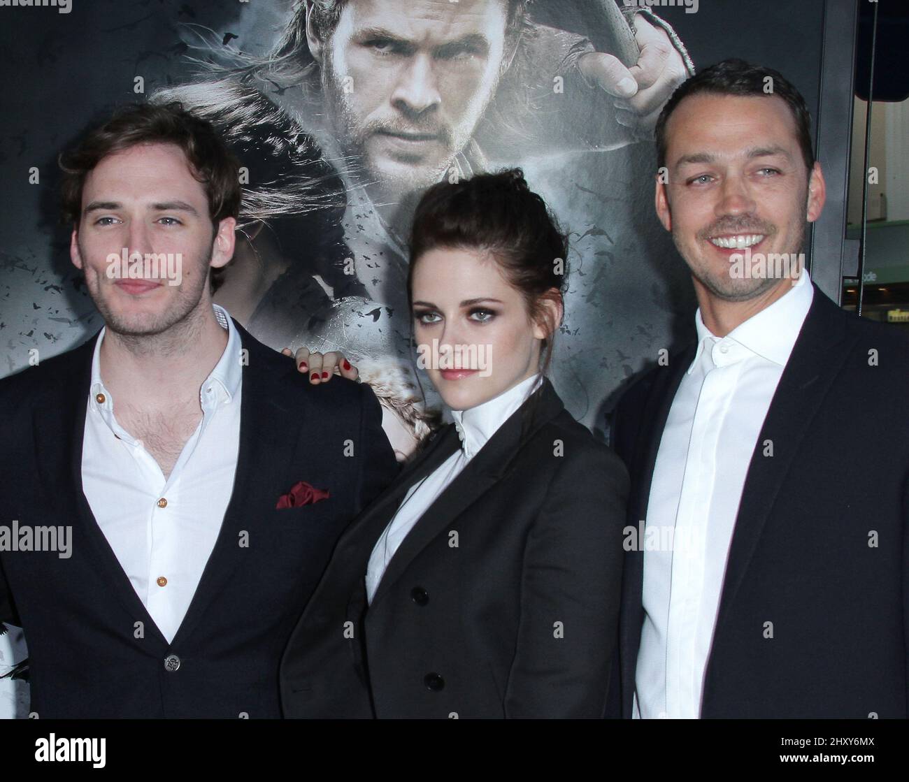 Sam Claflin, Kristen Stewart and Rupert Sanders attends the 'Snow White and the Huntsman' Los Angeles screening held at the Westwood Village Theatre. Stock Photo
