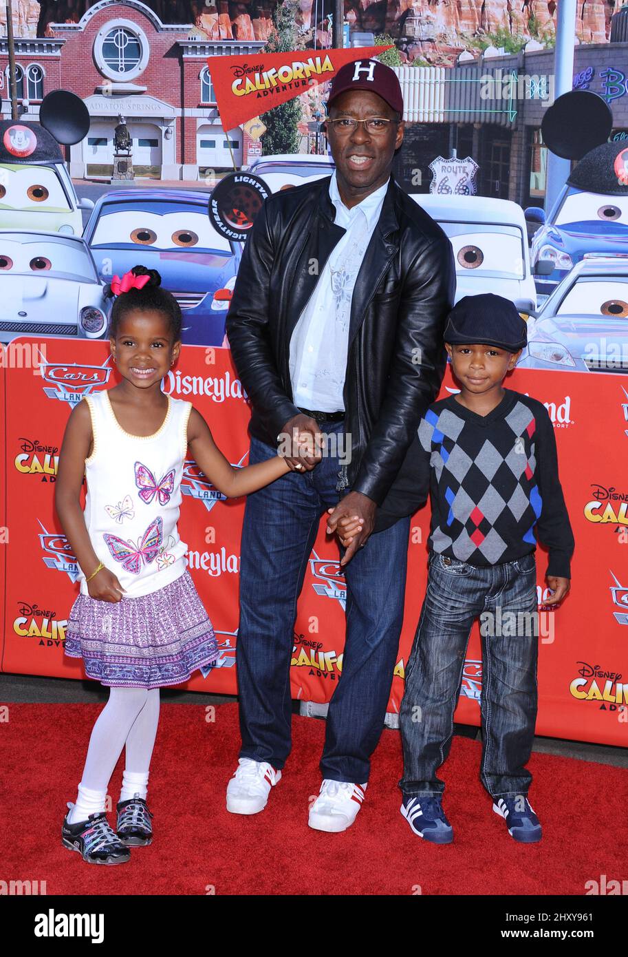 Courtney B. Vance, daughter Bronwyn Vance and son Slater Vance attends the 'Cars Land' opening at Disney California Adventure, Anaheim. Stock Photo