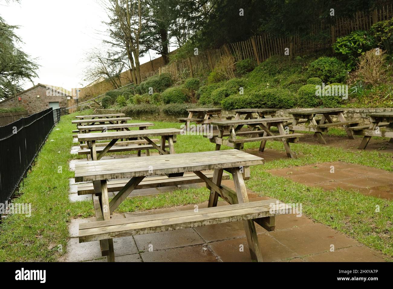 March 2022 - Empty cafe outdoor tables in Cheddar Gorge, Somerset, UK Stock Photo