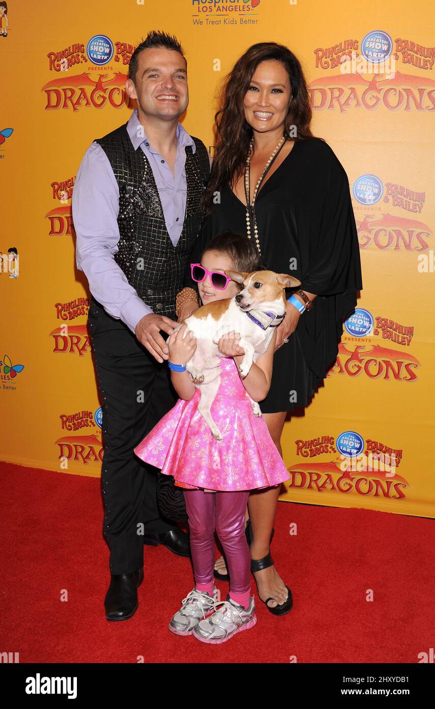 Tia Carrere and daughter Bianca Wakelin attends the premiere of 'Dragons' presented by Ringling Bros. and Barnum & Bailey held at Staples Center, Los Angeles. July 12, 2012 Stock Photo