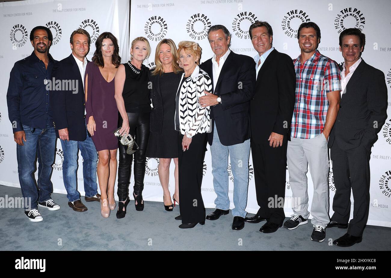 Kristoff St. John, Doug Davidson, Michelle Stafford, Melody Thomas Scott, Maria Arena Bell, Jeanne Cooper, Eric Braeden, Peter Bergman, Joshua Morrow and Christian LeBlanc attends 'The Young and the Restless: Celebrating 10,000 Episodes' at The Paley Center for Media, Beverly Hills. Stock Photo