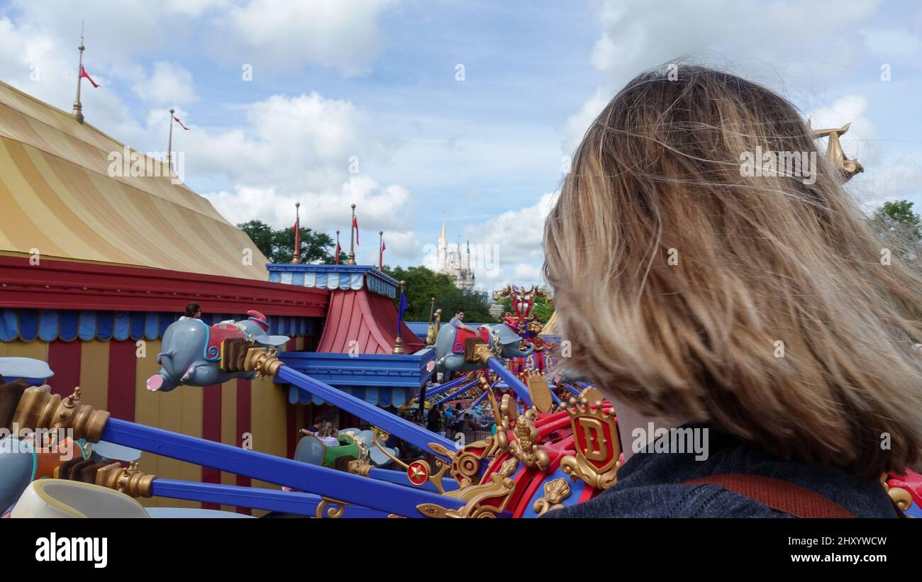 Orlando, FL USA - May 11, 2019:  Dumbo the flying elephant ride at Magic Kingdom in Disney World Orlando, Florida. Stock Photo