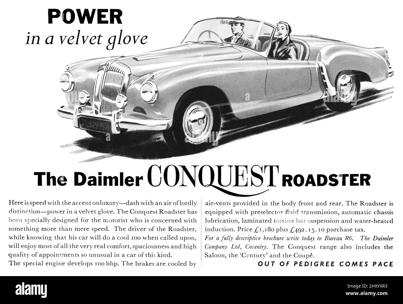1954 British advertisement for the Daimler Conquest Roadster sports car. Stock Photo