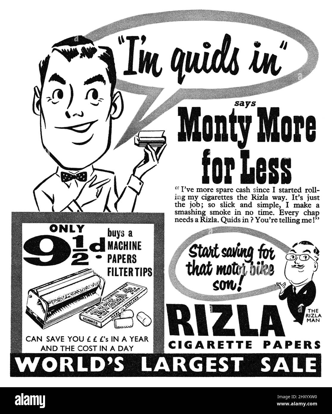 1955 British advertisement for Rizla cigarette papers and cigarette rolling machine. Stock Photo