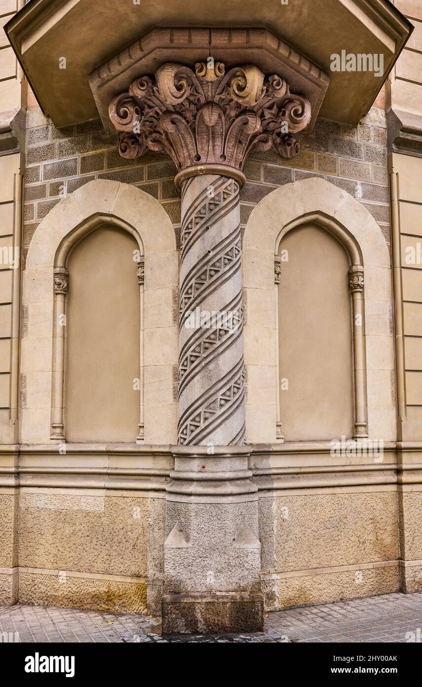 Ornamental elements on the facade of an Eclectic building. Barcelona, Catalonia, Spain. Stock Photo