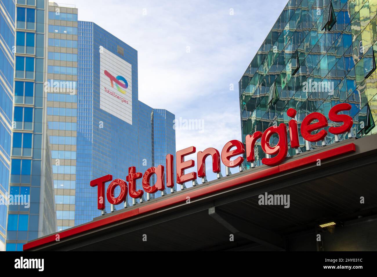 Exterior view of the tower of the headquarters of the oil company TotalEnergies, formerly known as Total, in the business district of Paris La Defense Stock Photo