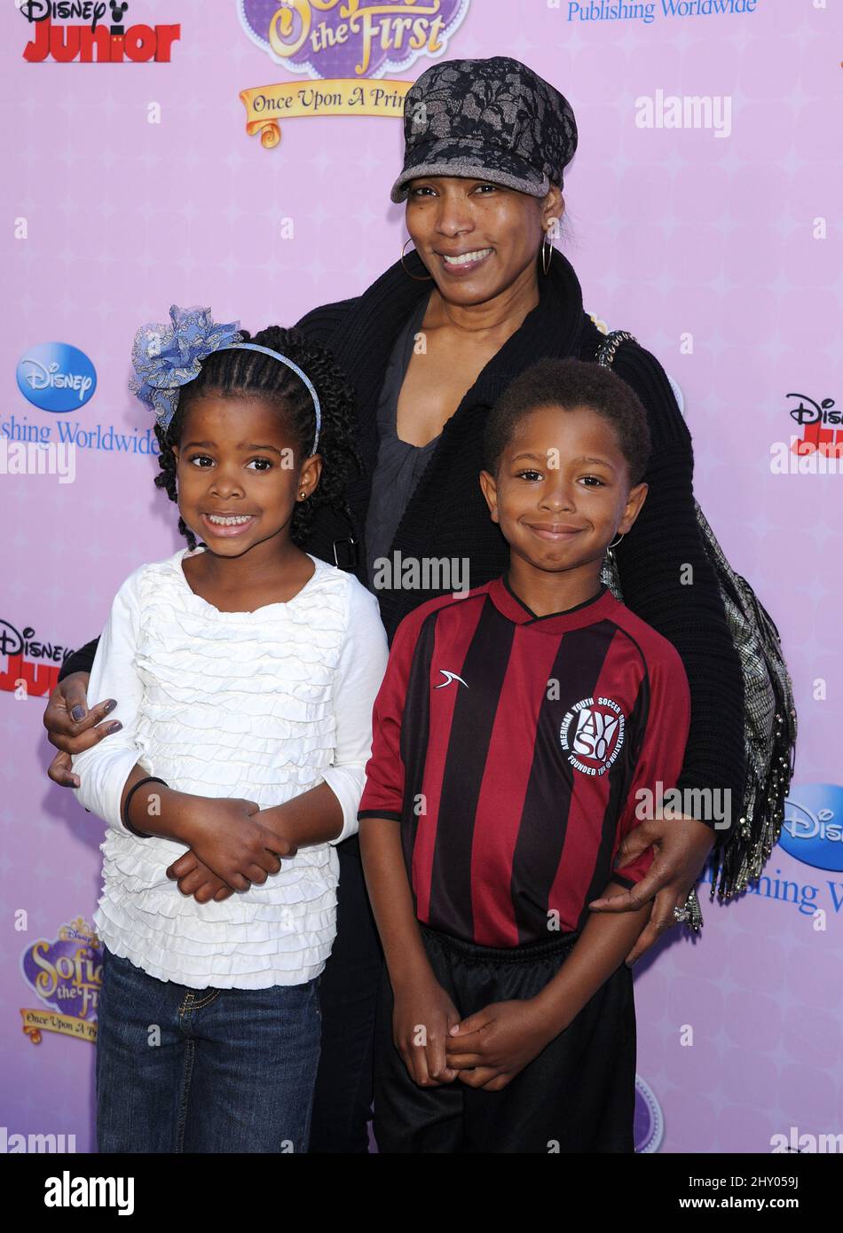 Angela Bassett, Bronwyn Vance and Slater Vance attending 'Sofia The First: Once Upon a Princess' Premiere and Story Book Launch held at Walt Disney Studios in Los Angeles, USA. Stock Photo