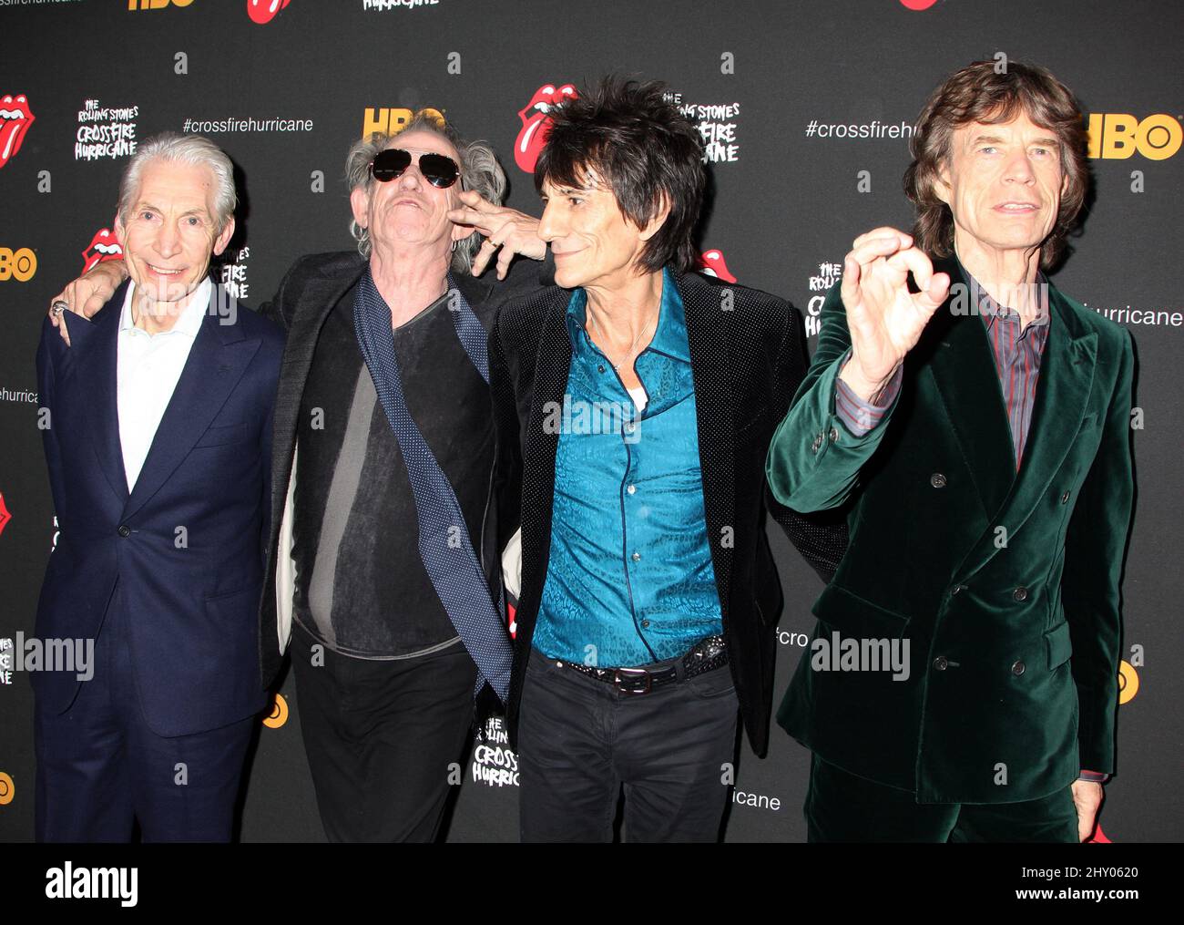 Charlie Watts, Ronnie Wood, Keith Richards and Mick Jagger attending a screening of 'Crossfire Hurricane' at the Ziegfeld Theater in New York City. Stock Photo